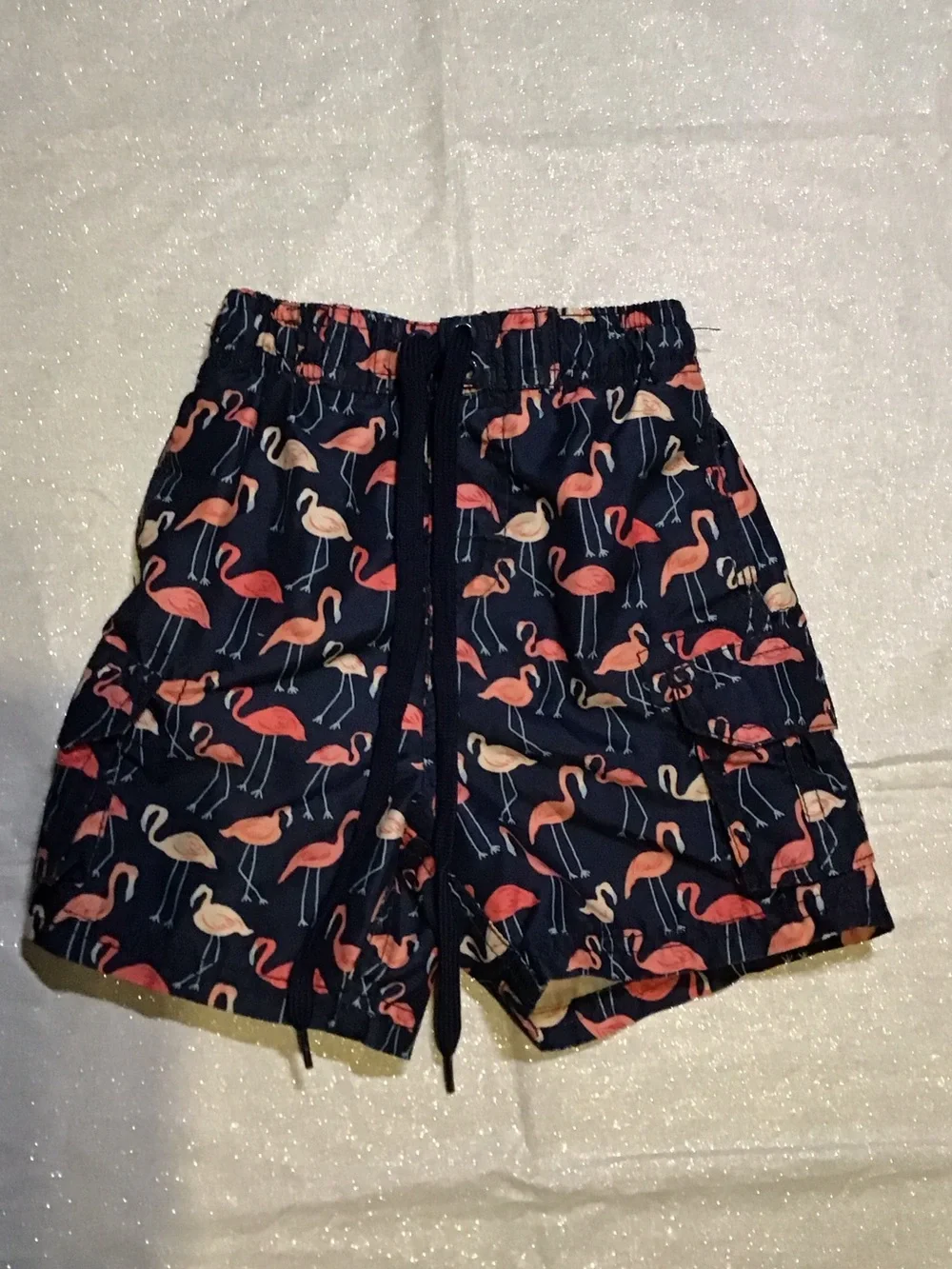Kids Navy Flamingo Print Swim Trunks with Drawstring